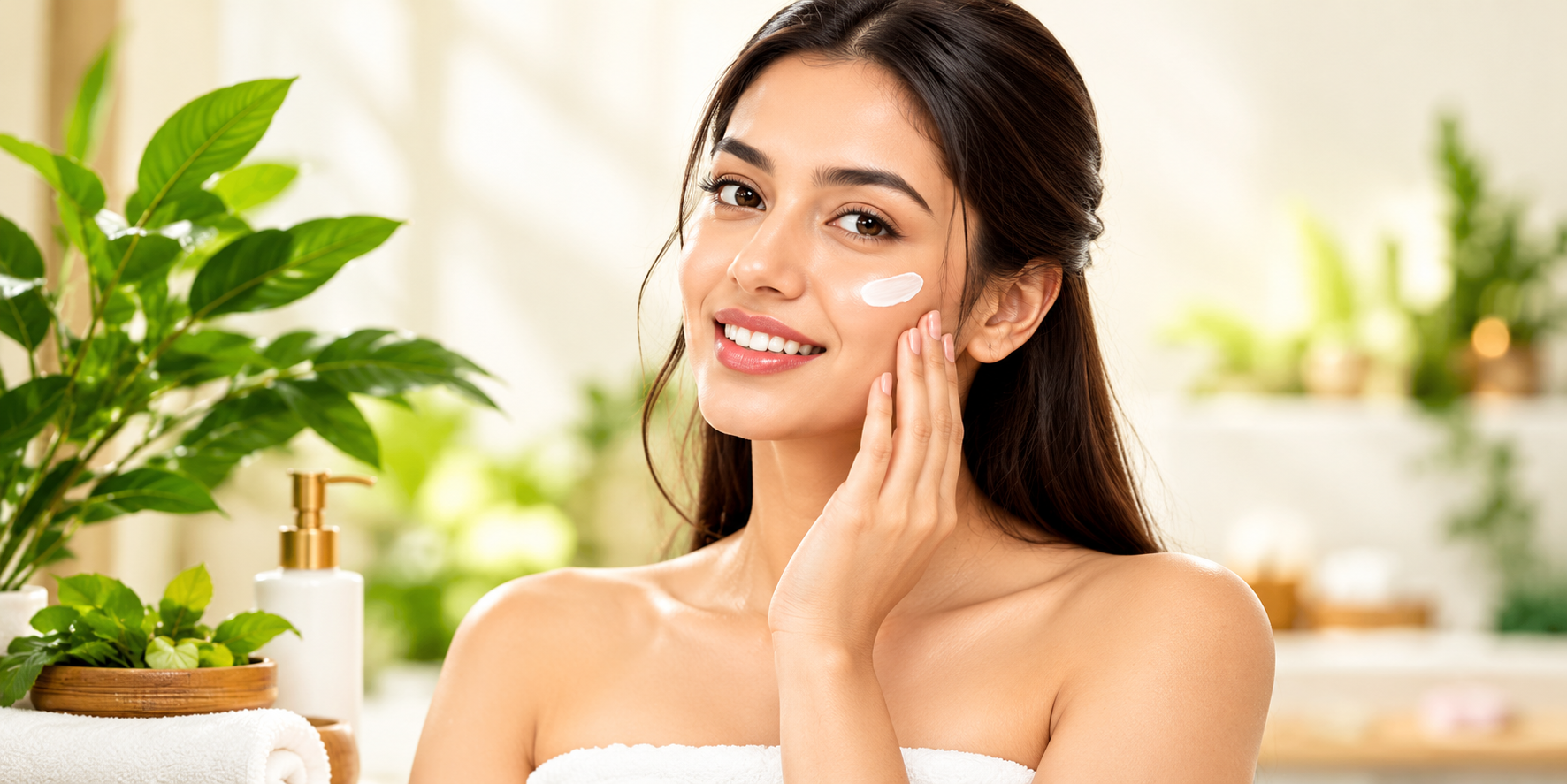 Woman applying skincare